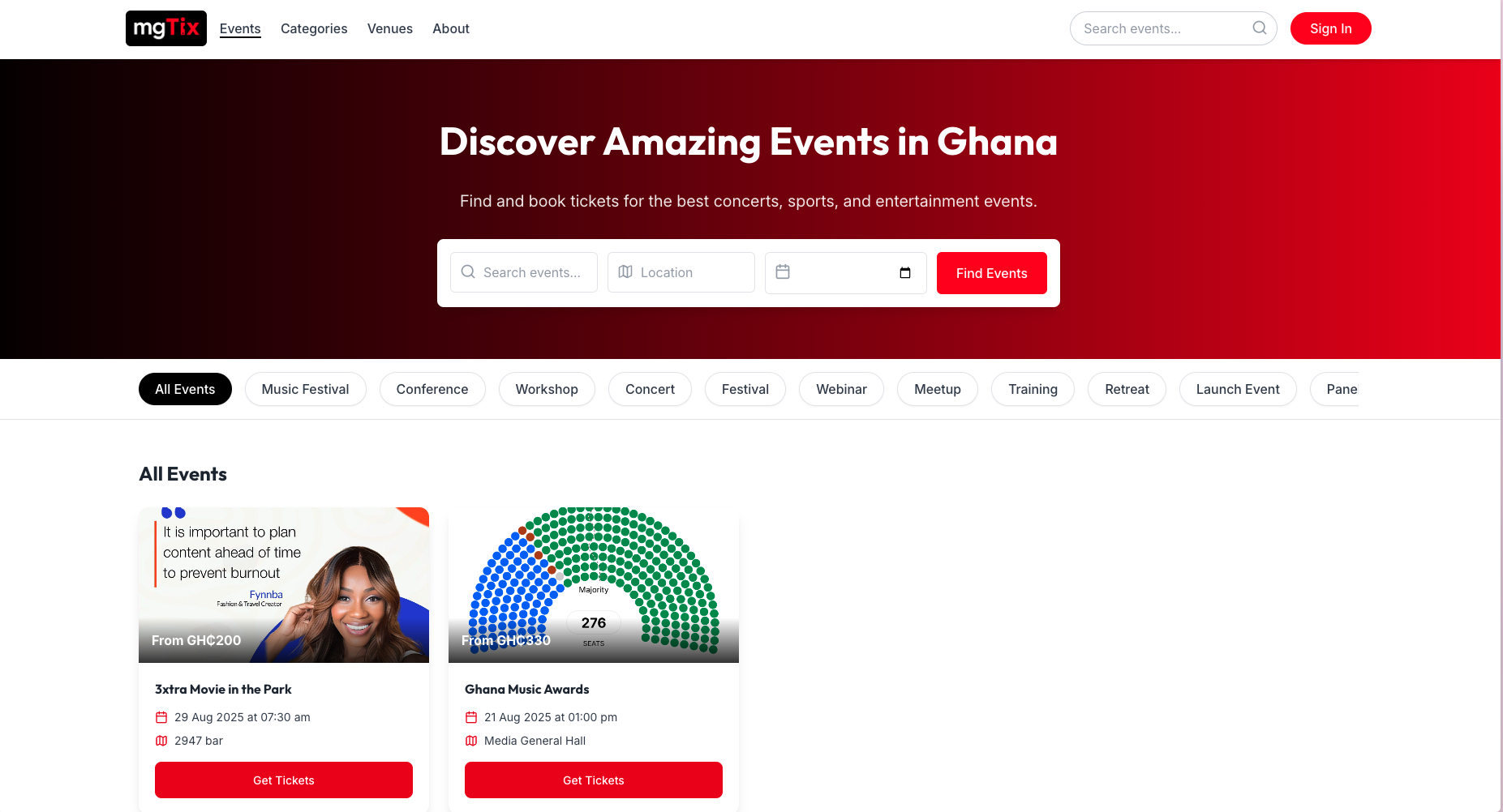 mgTix Events Page